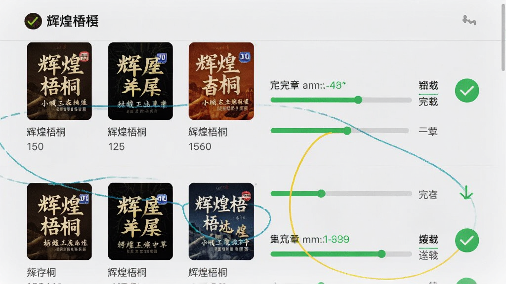 一张展示手机下载管理界面的图片,画面中「辉煌梧桐」App的缓存列表里显示着多本已下载完成的小说封面和章节进度条,旁边有下载完成的绿色对勾图标,背景是浅灰色的列表布局,风格简洁实用,细节上突出下载进度和完成状态的清晰标识,画质干净,无多余元素
