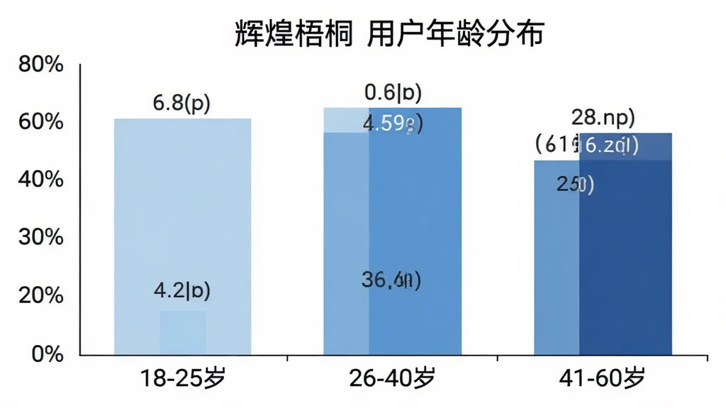 一张柱状图展示「辉煌梧桐」用户年龄分布,横轴标注18-25岁、26-40岁、41-60岁三个年龄段,纵轴显示百分比,柱状图颜色分别为浅蓝、中蓝、深蓝,背景是白色,风格简洁数据可视化,细节上突出各年龄段占比的数值标签,画质干净,无多余元素
