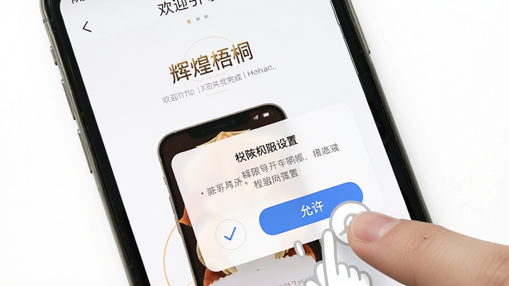 一张手机屏幕展示「辉煌梧桐」App安装完成后的首次打开界面,画面中有欢迎引导页和权限请求弹窗,旁边有手指点击「允许」的示意动作,背景是简洁的白色界面,风格清新明快,细节上突出安装引导的步骤感和权限设置的清晰提示,画质干净,无多余元素
