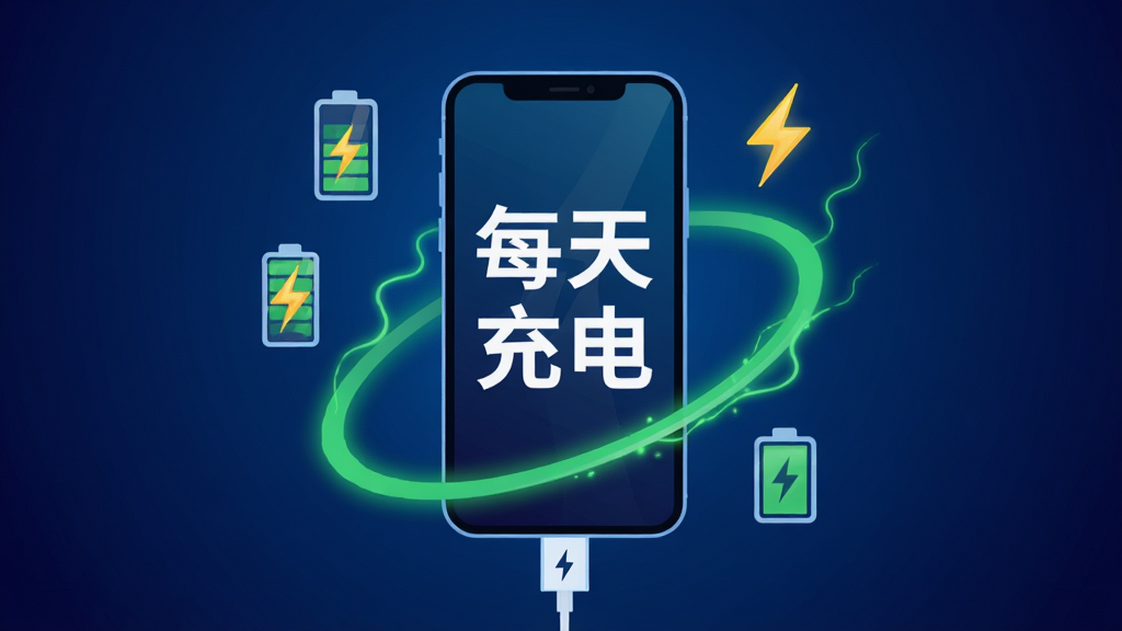 一张手机充电场景的科技风插画,画面中央是一部正在充电的智能手机,屏幕上显示“每天充电”四个大字,手机周围环绕着电池图标、闪电符号和绿色能量环,背景是深蓝色渐变,整体风格简洁现代,画质干净无多余元素