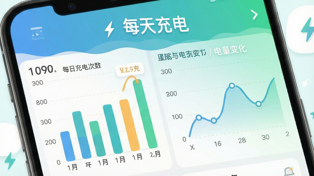 一张信息图表风格的图片,展示手机充电统计界面,有柱状图和曲线图,标题为“每天充电”,界面显示每日充电次数和电量变化,配色清新,布局清晰