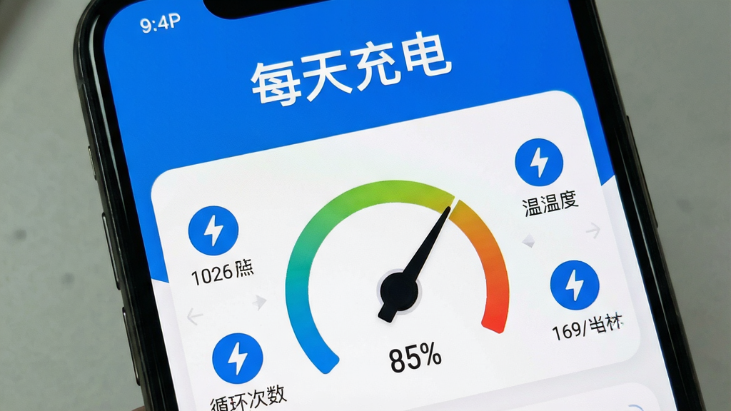 一张手机屏幕截图风格的图片,界面上方显示“每天充电”标题,下方是电池健康度仪表盘,指针指向85%,周围有温度、电压、循环次数等数据图标,配色以蓝白为主,干净清爽