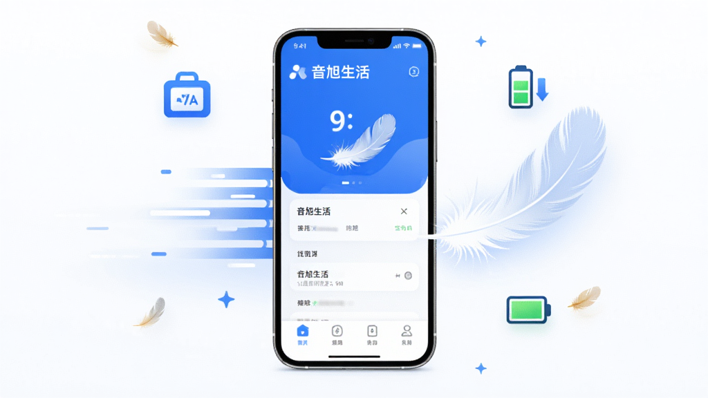 音旭生活App运行流畅度展示,画面中一部手机屏幕显示音旭生活应用界面,旁边有速度线条和轻盈的羽毛元素象征流畅轻快,手机周围有存储空间图标和电池图标,风格简洁科技感,蓝白配色,布局居中,画质干净无多余元素
