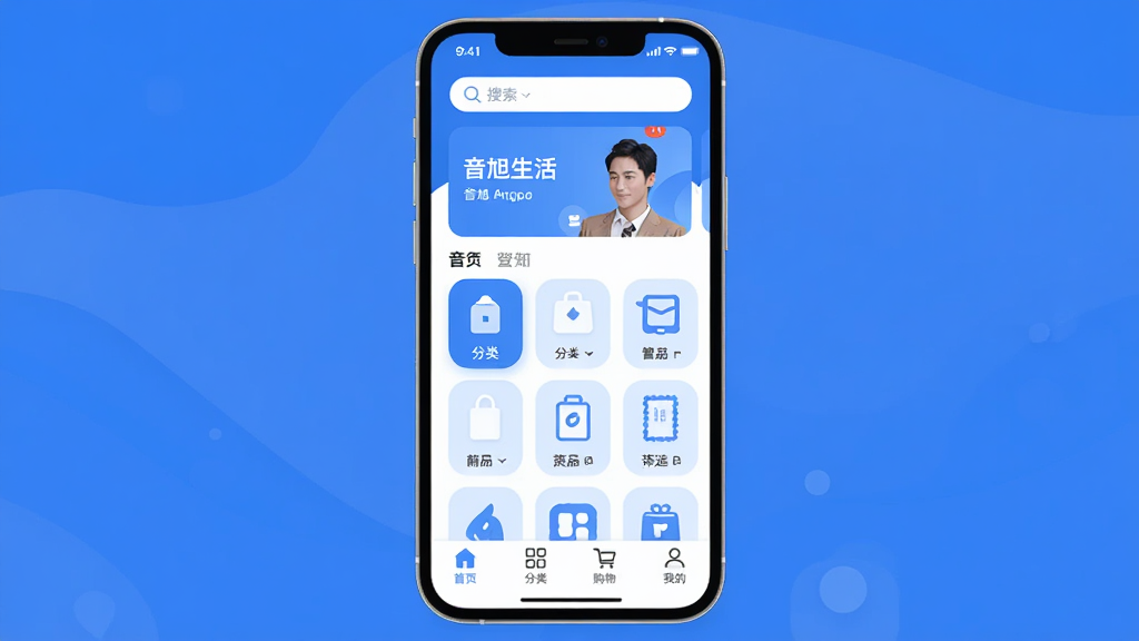 音旭生活App主界面展示,画面中央是手机屏幕,屏幕内显示音旭生活应用首页,顶部有搜索栏和轮播图,中间是商品分类图标网格,底部导航栏有首页、分类、购物车、我的四个选项,整体布局清晰简洁,风格现代扁平化,蓝白配色为主,细节圆润,画质干净无多余元素