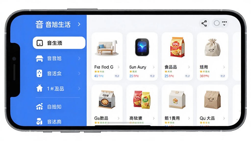 音旭生活商品分类页面展示,画面主体是手机屏幕,屏幕内显示音旭生活App的商品分类界面,左侧是垂直分类导航栏,右侧是商品网格展示,包含家居、数码、食品等分类图标和商品缩略图,布局整齐,风格清爽,蓝白配色,细节圆润,画质干净无多余元素