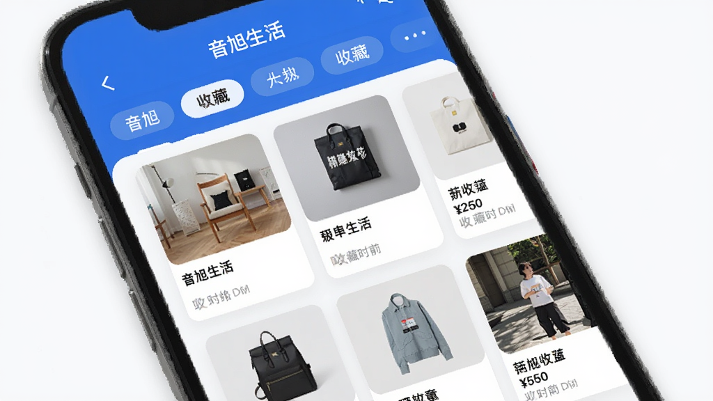 音旭生活个性化推荐与收藏界面展示,手机屏幕内显示音旭生活App的收藏夹页面,商品以卡片形式排列,每张卡片有商品图片、名称、价格和收藏时间,顶部有分类筛选标签,布局整齐,风格简洁现代,蓝白配色为主,画质干净无多余元素