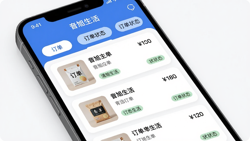音旭生活订单管理界面展示,手机屏幕内显示音旭生活App的订单列表页面,顶部有订单状态标签栏,下方是订单卡片列表,每张卡片显示商品缩略图、名称、价格和状态标签,布局整齐清晰,风格现代扁平,蓝白配色,细节圆润,画质干净无多余元素