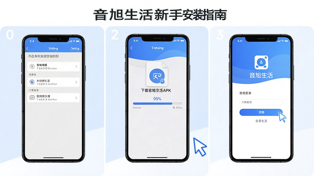 音旭生活新手安装指南示意图,画面分为三格,第一格显示手机设置中开启未知来源安装权限的界面,第二格显示下载音旭生活APK文件的进度条,第三格显示音旭生活App登录页面,整体风格简洁教程风,蓝白配色,布局清晰,画质干净无多余元素