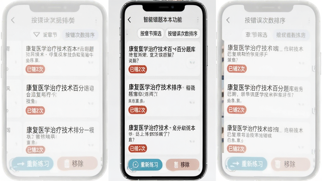 康复医学治疗技术百分题库智能错题本功能界面,手机屏幕展示错题列表,每道题下方标注“已错2次”标签,上方有“按章节筛选”和“按错误次数排序”按钮,底部有“重新练习”和“移除”操作,背景为浅灰色,文字清晰,风格简洁实用,画质干净无杂乱元素