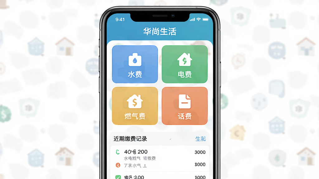 华尚生活App生活缴费功能界面,手机屏幕显示“华尚生活”水电燃气缴费页面,包含水费、电费、燃气费、话费四个缴费入口图标,下方显示近期缴费记录列表,主体为手机正面视图,布局为四宫格入口加列表,排版对称工整,风格简约实用,细节图标清晰,画质干净无多余元素