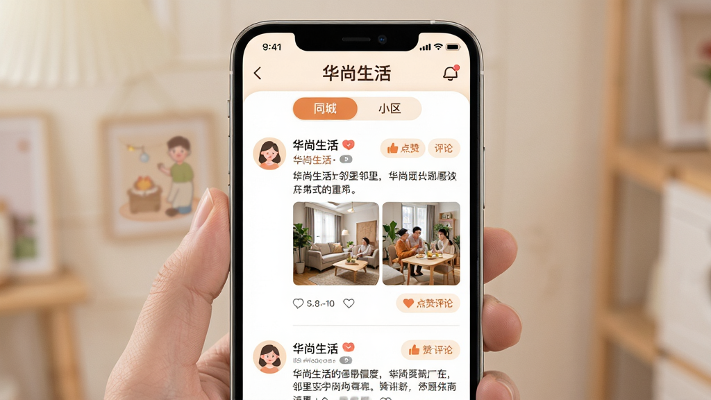 华尚生活App社区互动页面,手机屏幕展示“华尚生活”邻里动态信息流,包含用户头像、文字内容、图片缩略图和点赞评论按钮,顶部有同城和小区标签切换,主体为手机正面视图,布局为单列信息流,排版疏朗易读,风格温暖亲切,细节圆润自然,画质干净无多余元素