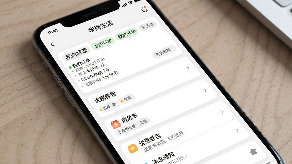 华尚生活App消息与订单管理界面,手机屏幕显示“华尚生活”个人中心页面,包含我的订单、优惠券包、消息通知三个主要模块,订单状态标签清晰,消息按类型分组,主体为手机正面视图,布局为卡片式分层,排版规整有序,风格干净利落,细节图标精致,画质高清无多余元素