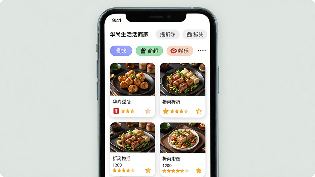 华尚生活App优惠聚合页面,手机屏幕展示“华尚生活”附近商家列表,包含餐饮、商超、娱乐等分类标签,每个商家卡片显示距离、折扣力度和评分,主体为手机正面视图,布局为上下滚动列表加顶部分类栏,排版整齐有序,风格清爽现代,细节图标圆润,画质干净无多余元素