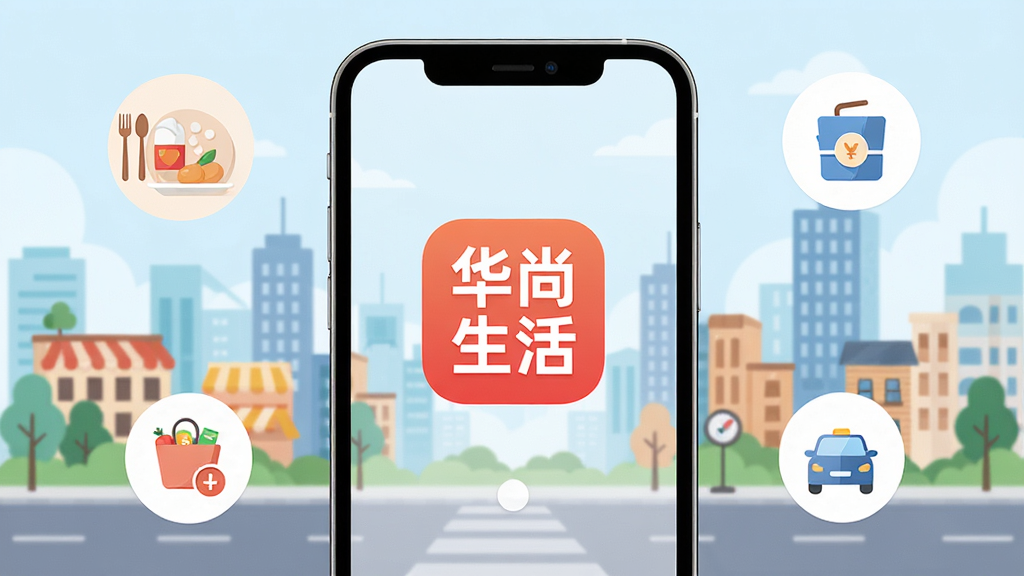 华尚生活App主界面展示,手机屏幕中央显示“华尚生活”应用图标和启动页,背景是城市生活场景插画,包含餐饮、购物、缴费、出行等元素图标环绕,主体为手机模型正面视图,布局居中对齐,排版简洁清晰,风格现代扁平化,细节圆润干净,画质高清无多余元素