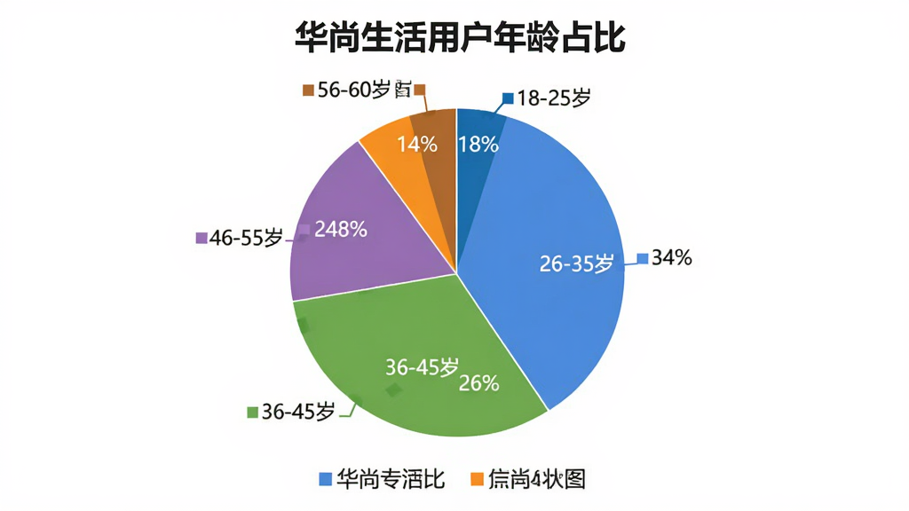 华尚生活用户年龄分布饼状图,图表标题为“华尚生活用户年龄占比”,饼图分为五个扇区分别标注18-25岁占18%、26-35岁占34%、36-45岁占26%、46-55岁占14%、56-60岁占8%,主体为饼状图居中,布局上方标题下方图例,排版清晰,风格简洁商务,细节颜色区分明显,画质干净无多余元素