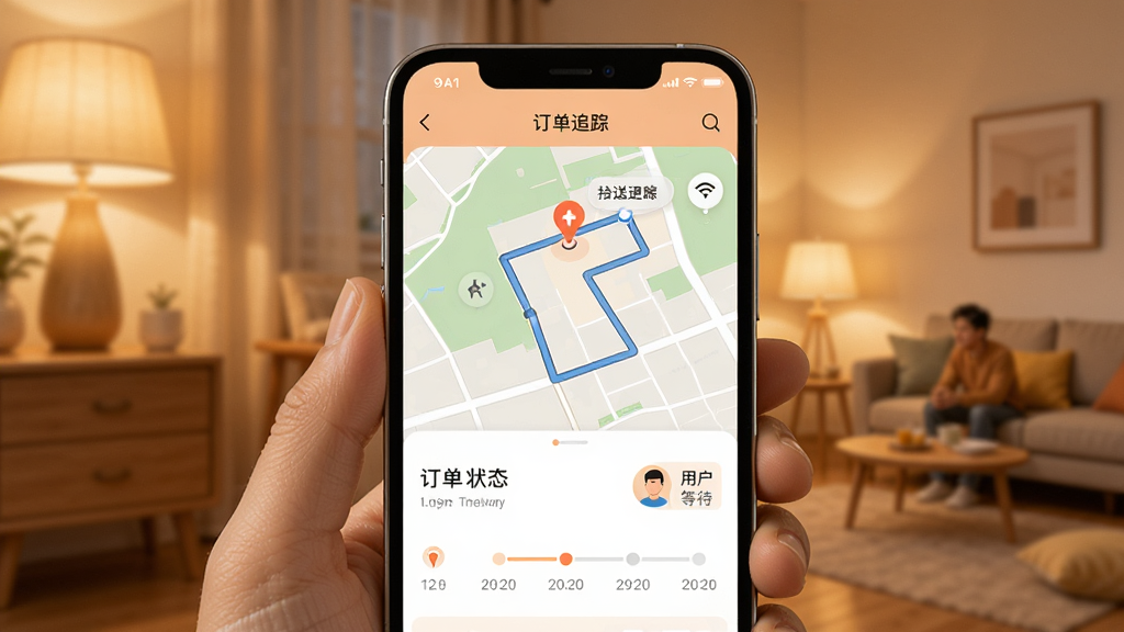 抖送APP订单追踪界面,手机屏幕显示地图上骑手位置和路线,下方有订单状态时间轴,旁边有用户在家等待的场景,整体色调温暖,风格简洁,画质清晰,无多余元素