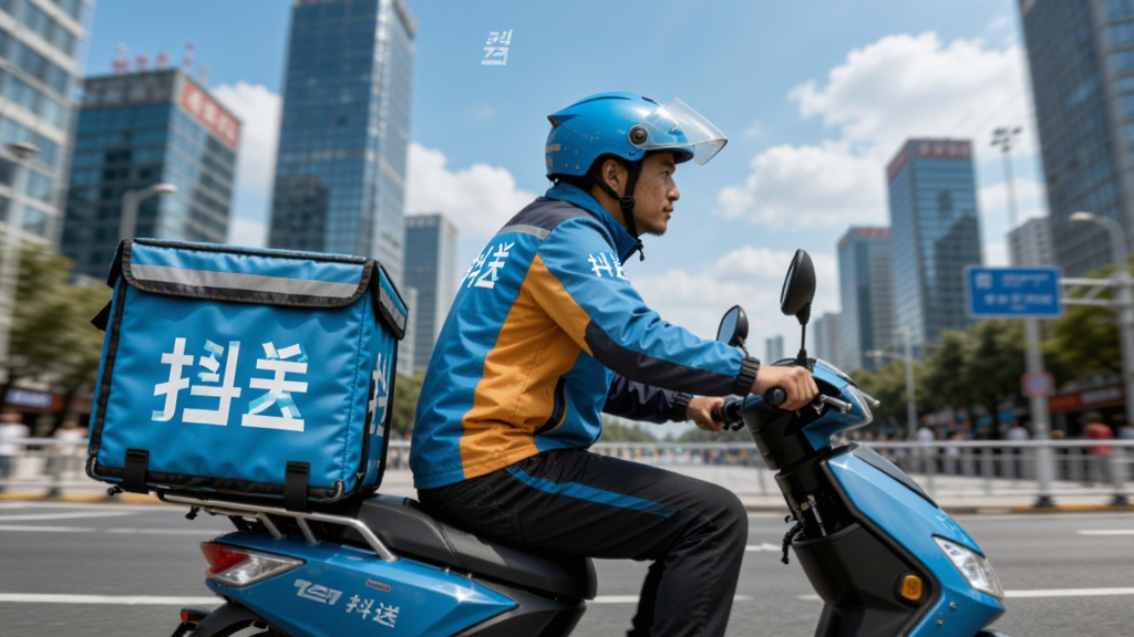一位穿着抖送品牌工装的骑手骑着电动车在城市街道上飞驰,车后座有醒目的抖送配送箱,背景是城市高楼和蓝天白云,画面动感十足,风格写实,画质清晰,无多余元素