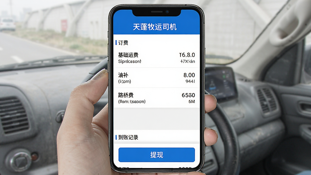 天蓬牧运司机运费结算页面展示,手机屏幕显示订单运费明细列表,包括基础运费、油补、路桥费等条目,下方有提现按钮和到账记录,界面简洁,数字清晰,蓝白配色,画质干净无多余元素