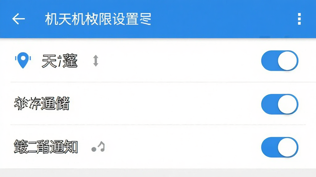 天蓬牧运司机手机权限设置界面示意图,展示定位、存储、通知等权限开关,界面为安卓系统设置页面风格,文字标注清晰,蓝白配色,画质干净无多余元素