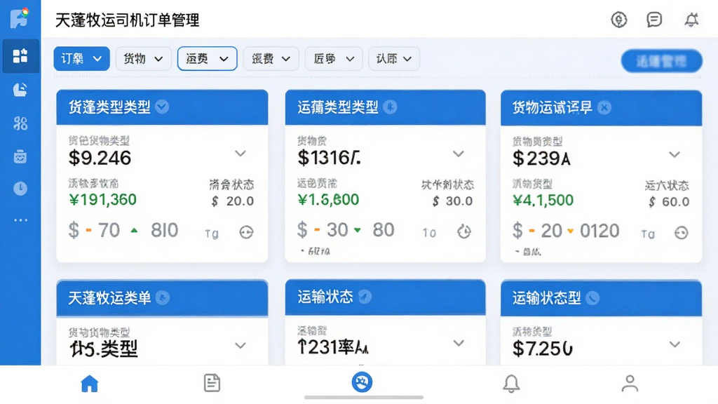 天蓬牧运司机订单管理界面截图,页面显示多个货运订单卡片,每张卡片标注货物类型、运费金额和运输状态,顶部有筛选标签,底部有导航栏,整体布局清晰,蓝白配色,画质干净无多余元素