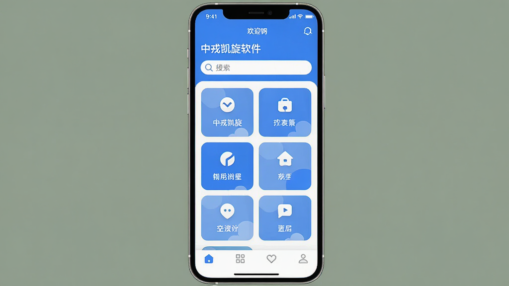 中戎凯旋软件主界面全貌展示,画面中央是手机屏幕,屏幕内显示中戎凯旋应用首页,顶部有欢迎语和搜索栏,中间是常用功能卡片式布局,底部是导航栏,整体风格简约清爽,蓝白配色,扁平化设计,图标圆润,画质干净清晰,无多余元素