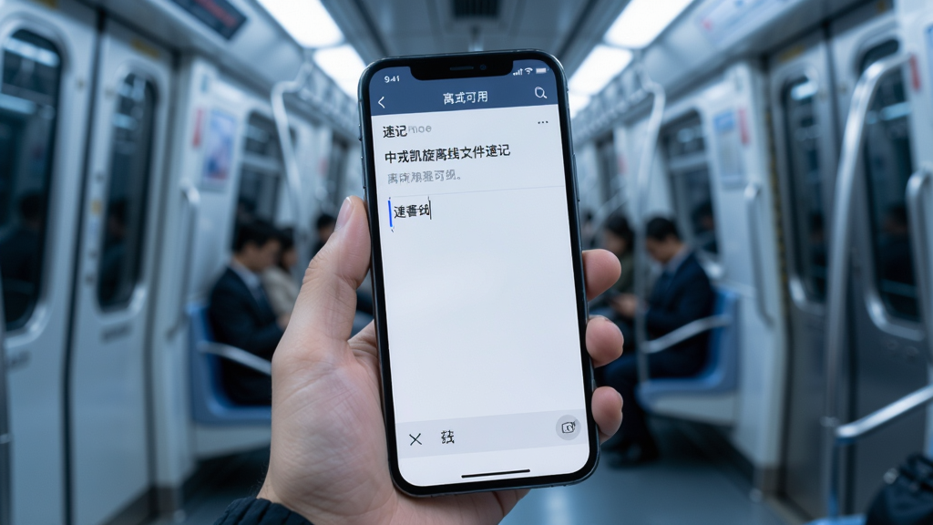 中戎凯旋离线文件速记功能场景图,画面展示一只手拿着手机,手机屏幕显示速记编辑界面,有文字输入光标,背景是地铁车厢或电梯间模糊场景,突出离线可用特点,手机屏幕清晰,整体色调偏冷,画质干净,无杂乱元素