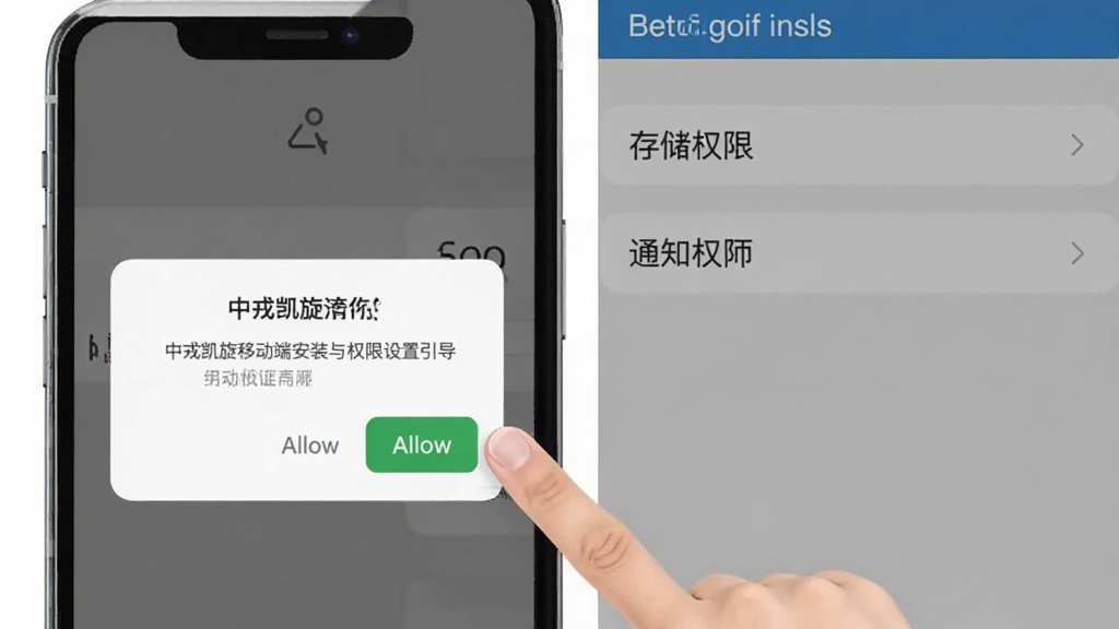 中戎凯旋移动端安装与权限设置引导图,手机屏幕显示权限申请弹窗,旁边有手指点击允许按钮的动作,背景是手机设置界面,画面清晰展示存储权限和通知权限选项,风格简洁直白,画质干净,无多余元素