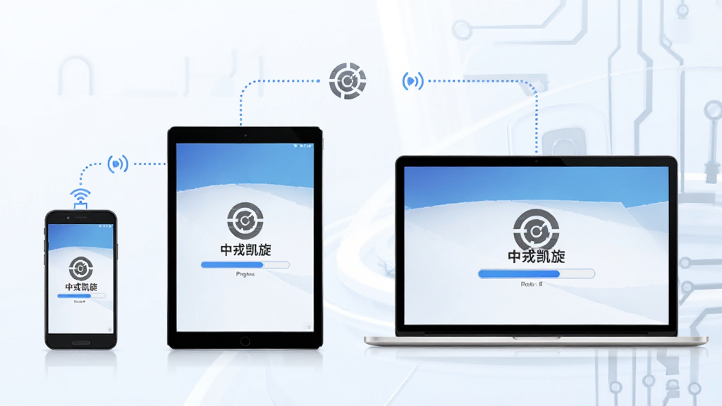 中戎凯旋多端同步功能示意图,画面中同时出现手机、平板和笔记本电脑三个设备,屏幕上都显示中戎凯旋的同步图标和进度条,设备之间用虚线连接表示数据同步,背景简洁,蓝白科技感配色,画质清晰,无多余装饰