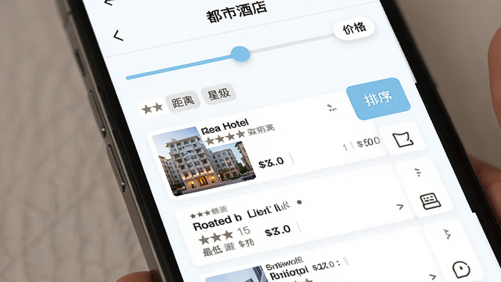 手机界面展示“都市酒店”的筛选页面,上方有价格滑块和星级标签,中间是酒店列表卡片,每张卡片显示酒店名称、评分、距离和最低价格,右侧有排序按钮,界面以白色和浅蓝色为主,文字清晰,布局整齐,风格简约现代,画质干净,无多余元素