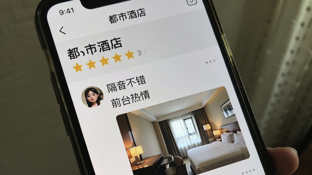 手机屏幕显示“都市酒店”的用户点评页面,上方是酒店名称和综合评分,下方是用户头像和评价文字,评价内容提到“隔音不错”“前台热情”,并附有用户拍摄的客房实景图,界面背景为浅灰色,文字黑色,布局清晰,风格真实自然,画质清晰,无多余元素