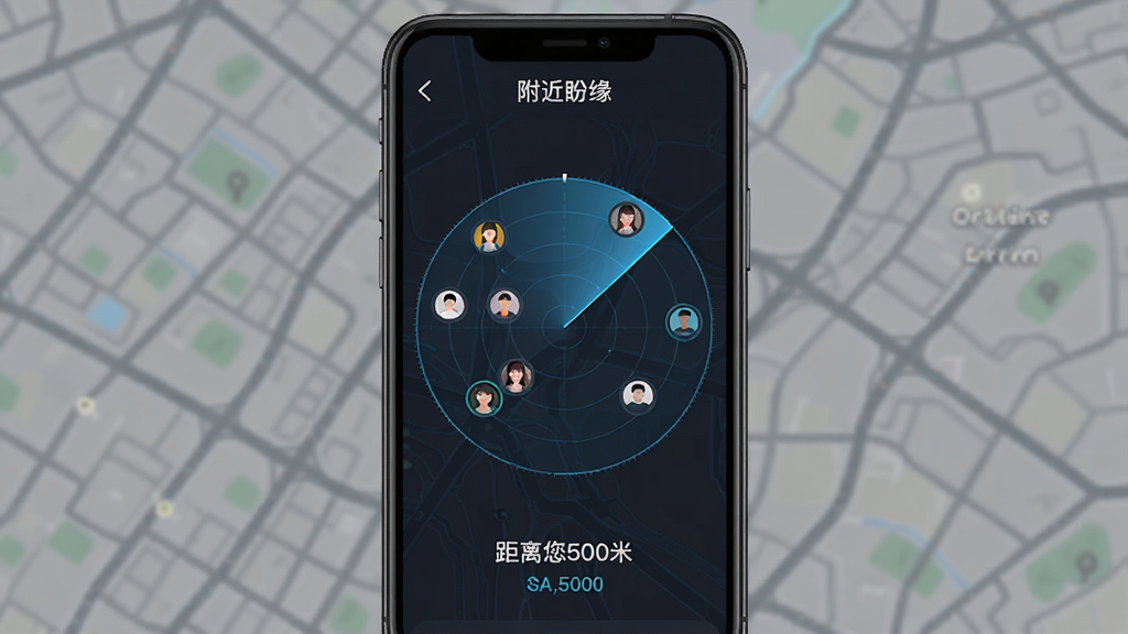 手机应用界面截图,标题为“附近盼缘”,界面中央显示地图雷达扫描效果,雷达波范围内有多个头像图标,下方显示“距离您500米”等字样,界面风格为暗色系科技感,干净整洁