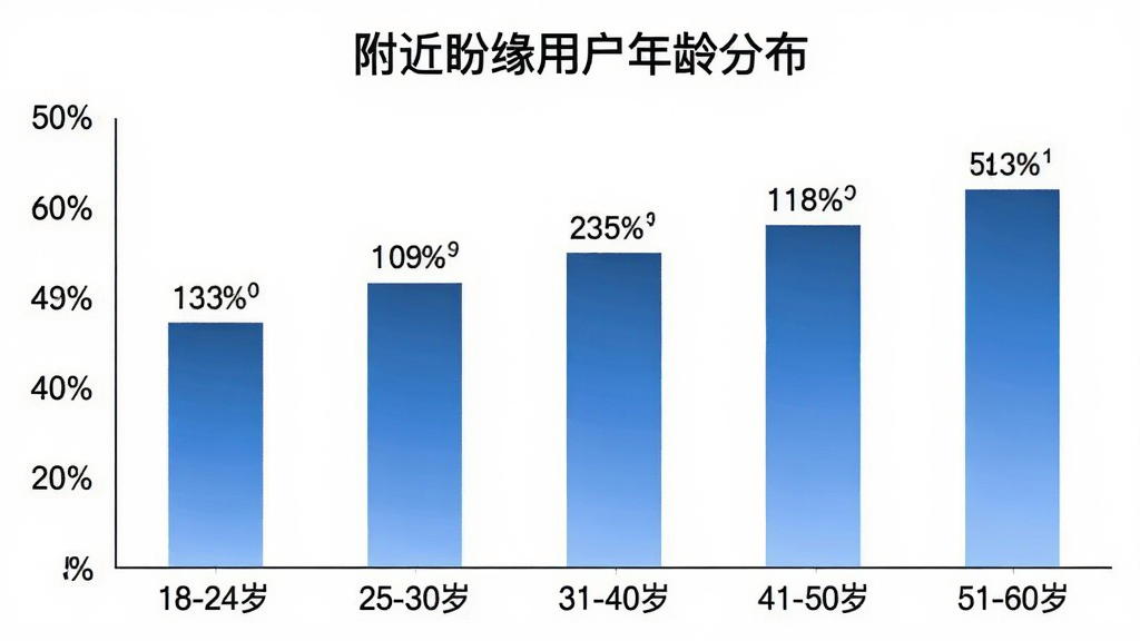 一张柱状图,标题为“附近盼缘用户年龄分布”,横轴为年龄段18-24岁、25-30岁、31-40岁、41-50岁、51-60岁,纵轴为百分比,柱子颜色为蓝色渐变,数据标签清晰,背景为白色,风格简约商务