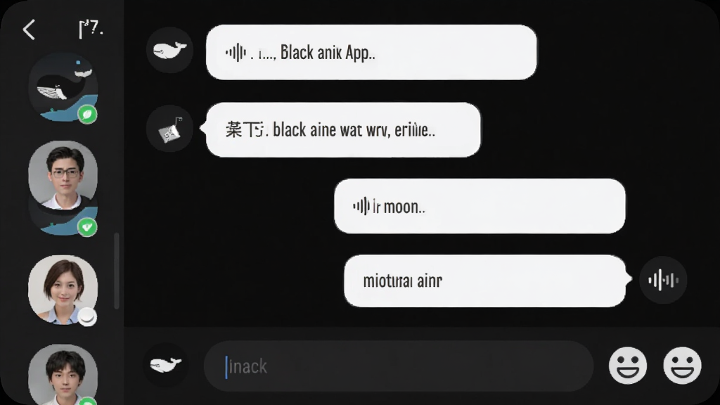 一张黑鲸App聊天界面的手机截图,画面展示一个群聊对话窗口,左侧是联系人头像列表,中间是聊天气泡,包含文字和语音消息条,右侧有输入框和表情按钮,整体配色为深色模式,背景干净无杂乱元素,画质清晰,UI风格扁平圆润