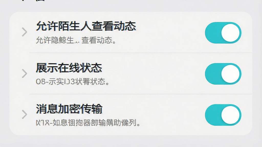 一张黑鲸App隐私设置页面的手机截图,画面展示设置列表,包含“允许陌生人查看动态”“展示在线状态”“消息加密传输”等开关选项,每个选项旁边有简要说明文字,整体UI为浅灰色背景搭配青色开关按钮,风格简洁,画质清晰,无多余装饰元素