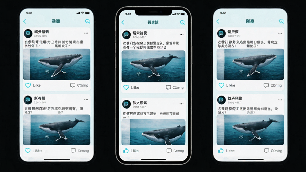 一张黑鲸App动态广场界面的展示图,画面中手机屏幕显示瀑布流式动态卡片,每张卡片包含用户头像、昵称、文字内容和配图,底部有点赞和评论图标,整体色调为浅色背景搭配青色点缀,布局整齐,风格清新,画质干净无多余元素