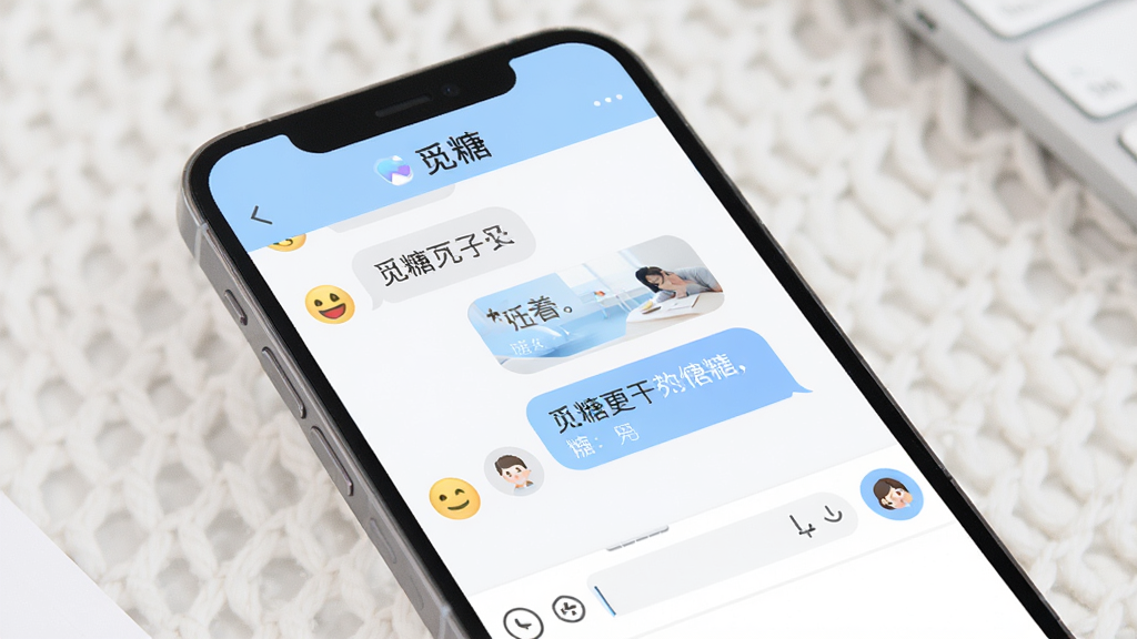 觅糖App聊天界面展示,手机屏幕显示“觅糖”即时聊天窗口,包含聊天气泡、表情按钮和输入框,对话内容轻松日常,界面配色柔和,布局干净整洁,风格现代简约,细节精致,画质清晰无多余元素