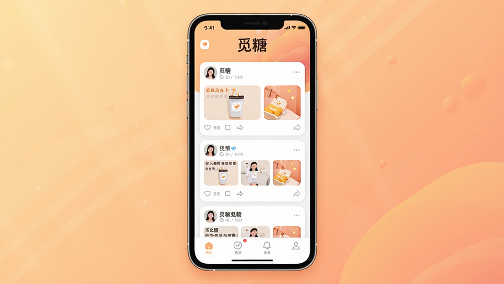 觅糖App主界面全貌展示,画面中央是一部智能手机,手机屏幕上显示“觅糖”App的首页界面,界面顶部有“觅糖”文字标识,中间区域展示用户动态卡片流,底部有导航栏图标,背景为柔和的暖色调渐变,风格清新现代扁平化,细节圆润干净,画质清晰无多余元素