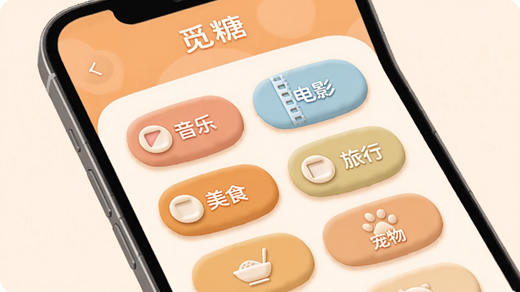 觅糖App兴趣标签选择界面,手机屏幕显示“觅糖”标签选择页面,页面上有音乐、电影、旅行、美食、宠物等多个兴趣标签按钮供用户勾选,界面以柔和的暖橙色为主色调,按钮圆润有质感,布局简洁明了,风格清新可爱,画质干净无多余元素