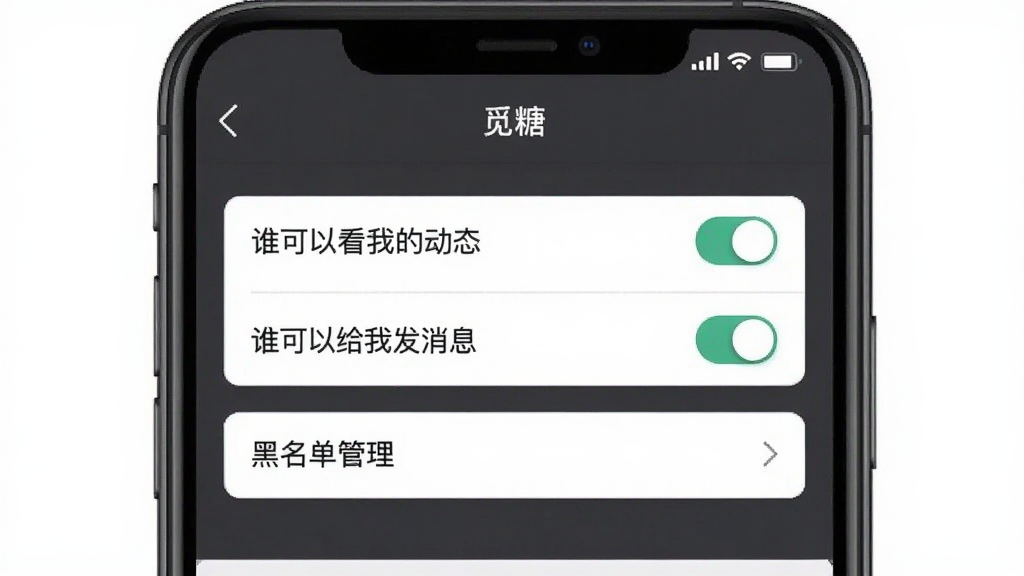 觅糖App隐私设置界面,手机屏幕显示“觅糖”隐私设置页面,包含“谁可以看我的动态”“谁可以给我发消息”“黑名单管理”等选项,界面以深灰色和白色为主,按钮开关清晰可见,风格沉稳简洁,布局规整,画质干净无多余元素