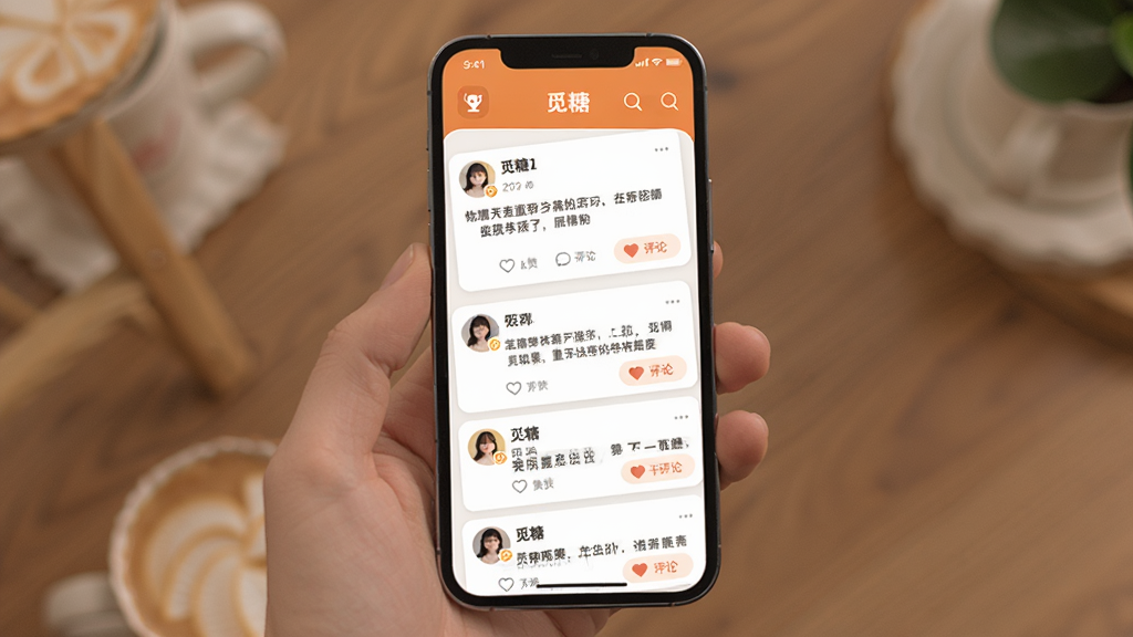 觅糖App动态广场界面展示,画面中一部手机屏幕显示“觅糖”动态广场页面,可见多条用户动态卡片,每条卡片包含用户头像、昵称、文字内容和点赞评论按钮,界面色彩温暖舒适,布局清晰有层次,风格简约现代,画质干净无多余元素