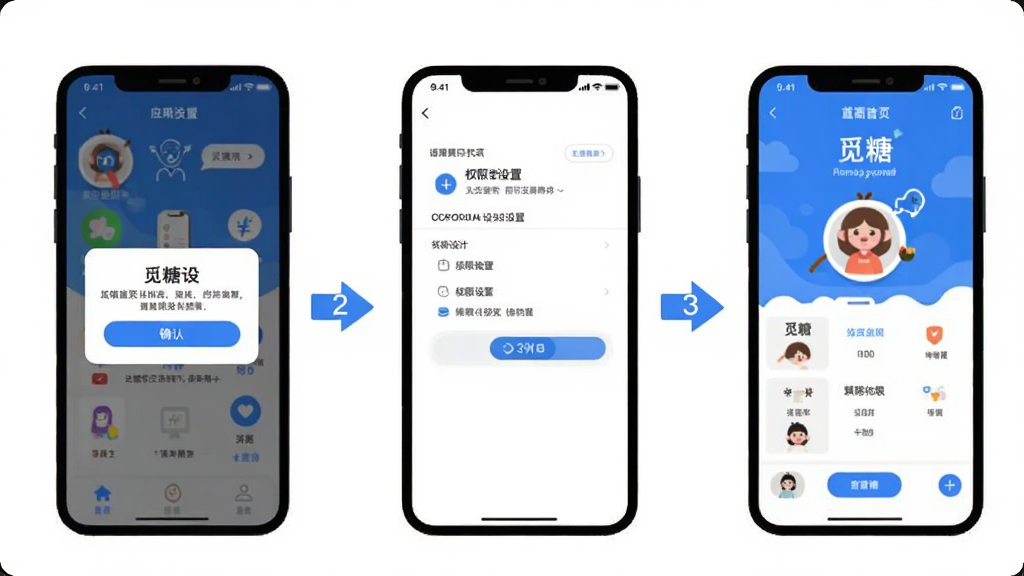 觅糖App安装与设置流程示意图,画面展示一部手机从应用安装到进入“觅糖”首页的完整步骤,包含安装确认弹窗、权限设置页面和最终首页界面,风格为扁平化教程插图,配色以蓝色和白色为主,步骤清晰标注,画质干净无多余元素