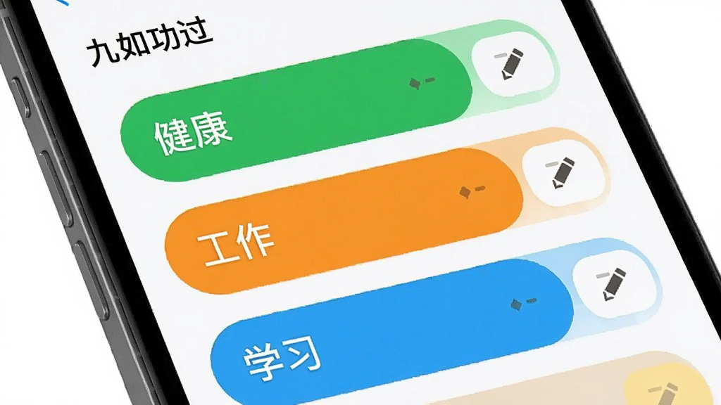 一张手机应用标签管理页面的图片,画面中“九如功过”应用的标签设置界面,屏幕上显示多个彩色标签如“健康”“工作”“学习”,每个标签旁边有编辑按钮,背景干净,风格简洁,画质清晰,无多余元素