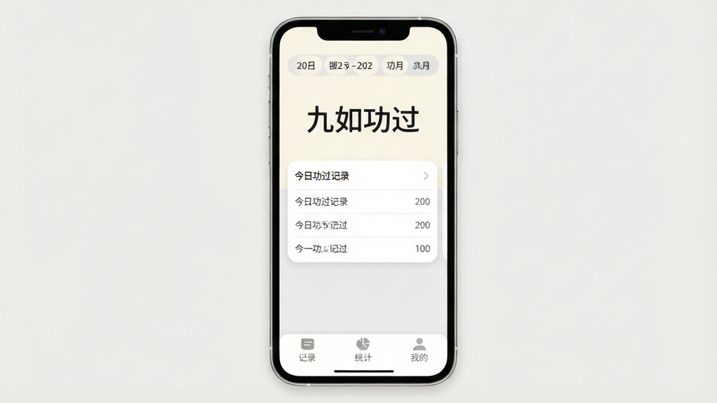 一张简洁的手机应用主界面展示图,画面中央是手机屏幕,屏幕上显示“九如功过”四个字作为应用标题,界面以米白色和浅灰色为主色调,顶部有日期选择栏,中间区域是今日功过记录卡片,底部为记录、统计、我的三个标签按钮,整体布局干净清爽,风格极简现代,细节圆润,画质清晰,无多余元素