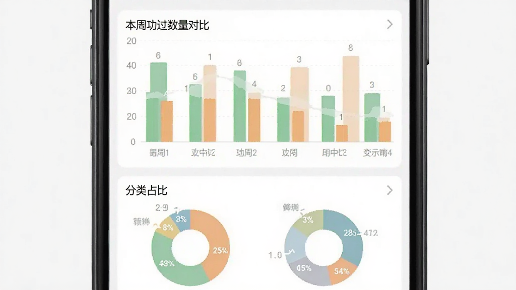 一张手机应用统计页面的截图风格图片,画面中“九如功过”应用的数据统计界面,屏幕上半部分显示本周功过数量对比柱状图,柱子有绿色和橙色两种,下半部分显示分类占比的简单图示,整体配色柔和,风格扁平化,画质清晰,无多余元素