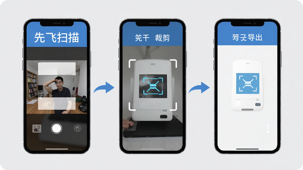 先飞扫描App操作教程示意图,手机屏幕显示“先飞扫描”文字,屏幕中展示从拍照到裁剪再到导出的三步流程图,每一步用箭头连接,背景为浅灰色,风格扁平化教学图示,细节清晰,画质干净无多余元素