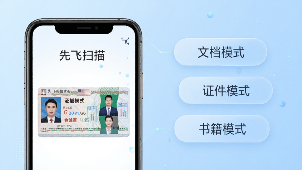 先飞扫描App功能界面展示,画面左侧为手机屏幕显示“先飞扫描”文字,屏幕中展示一张身份证正反面合成预览图,右侧漂浮着“文档模式”“证件模式”“书籍模式”三个标签按钮,背景为浅蓝色渐变,风格简洁科技感,细节清晰,画质干净无多余元素