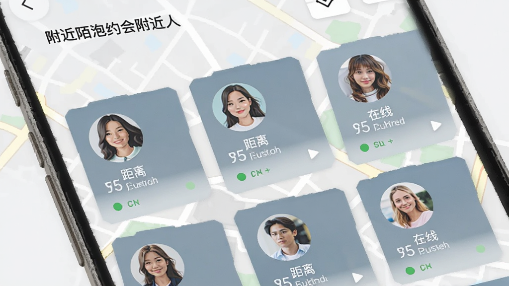 手机屏幕展示附近陌泡约会附近的人列表页面,多个用户头像卡片排列,每个卡片显示距离和在线状态,背景是浅色地图纹理,风格现代扁平,画质干净清晰
