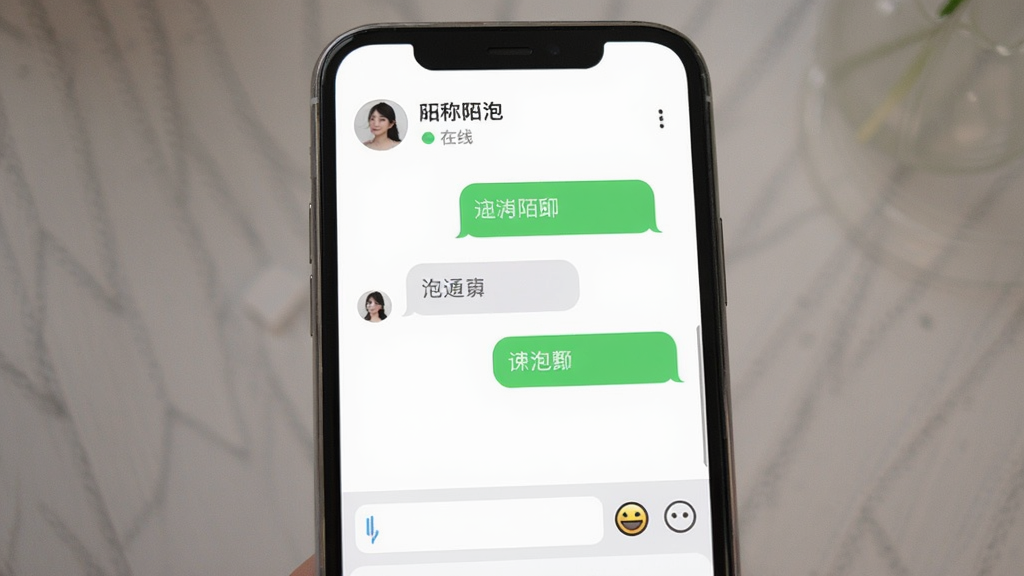 手机屏幕展示附近陌泡约会聊天界面,对话气泡简洁,顶部显示对方昵称和在线状态,底部输入框和表情按钮,风格清爽,画质干净无杂乱元素