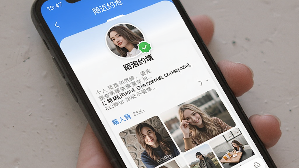 手机屏幕展示附近陌泡约会用户个人资料页面,显示真人认证徽章、个人简介和照片墙,界面干净整洁,白色背景配蓝色点缀,画质清晰
