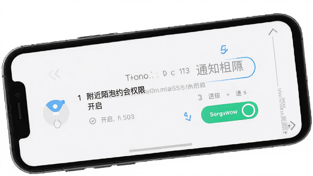 手机屏幕展示附近陌泡约会权限设置引导页面,显示位置权限和通知权限的开启提示,界面清晰,步骤标注明确,风格简洁,画质干净